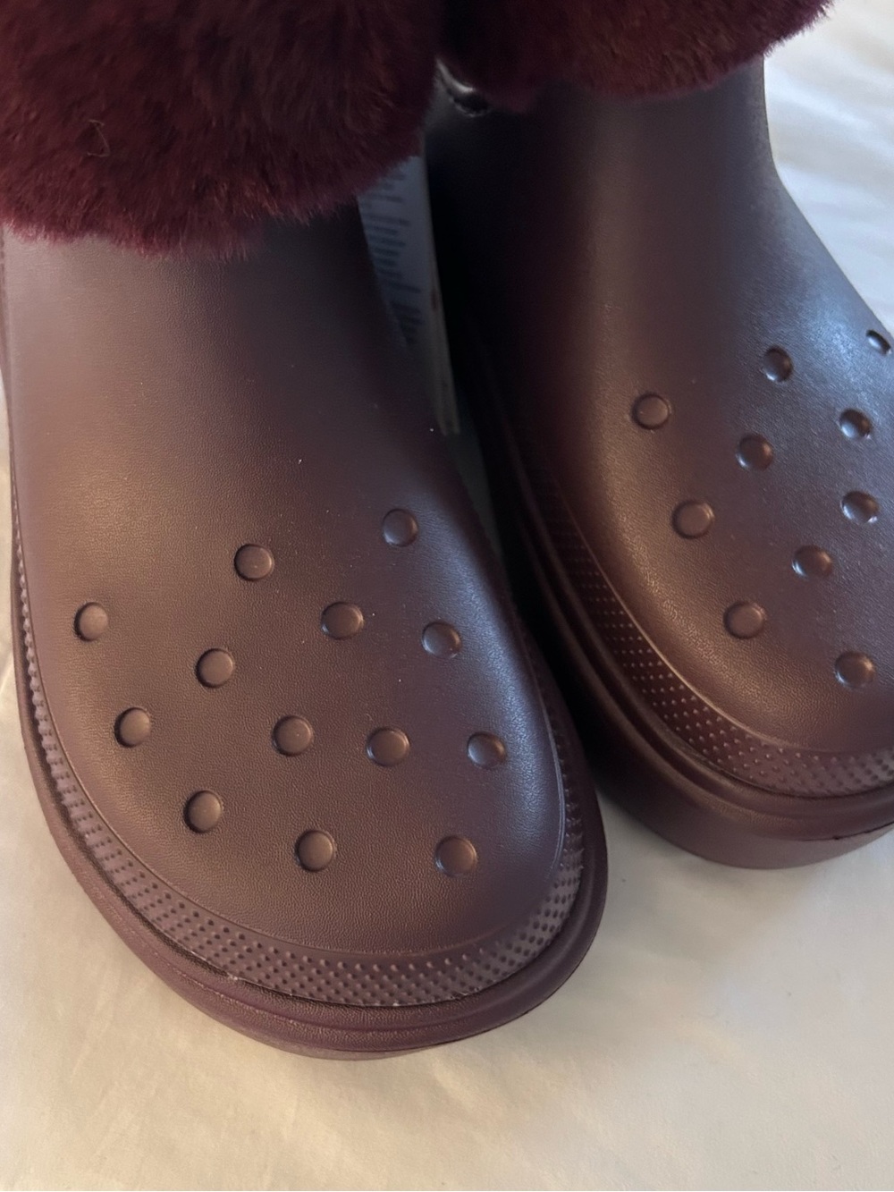 CROCS Women's Faux-Fur Cuffed Booties in Burgundy - Picture 7 of 7